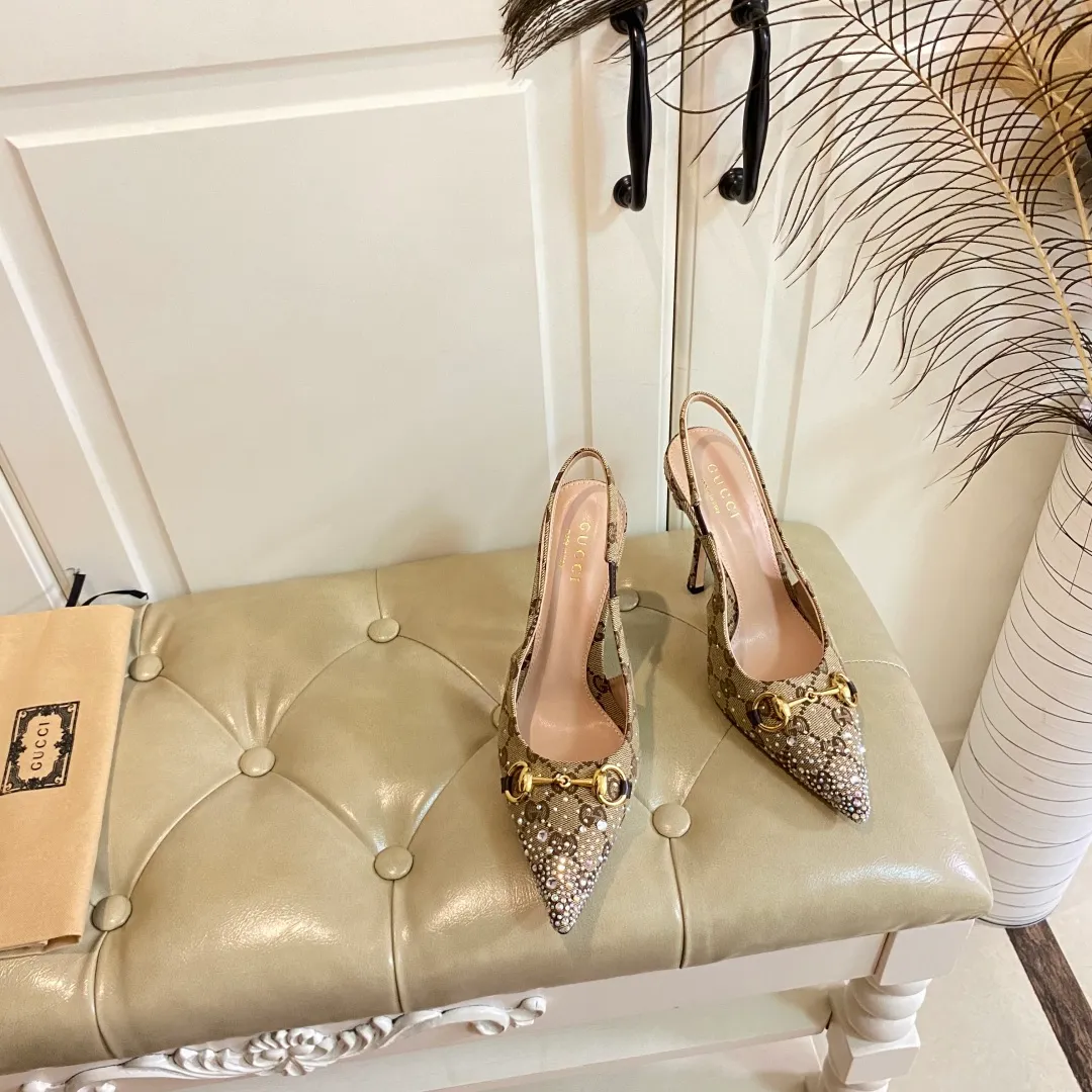 👟👟Ex-factory price 660👟👟, Gucci high heels, original canvas embellished with bright crystals, sheepskin lining, leather outsole, size 35-40 (41 customized, non-refundable)